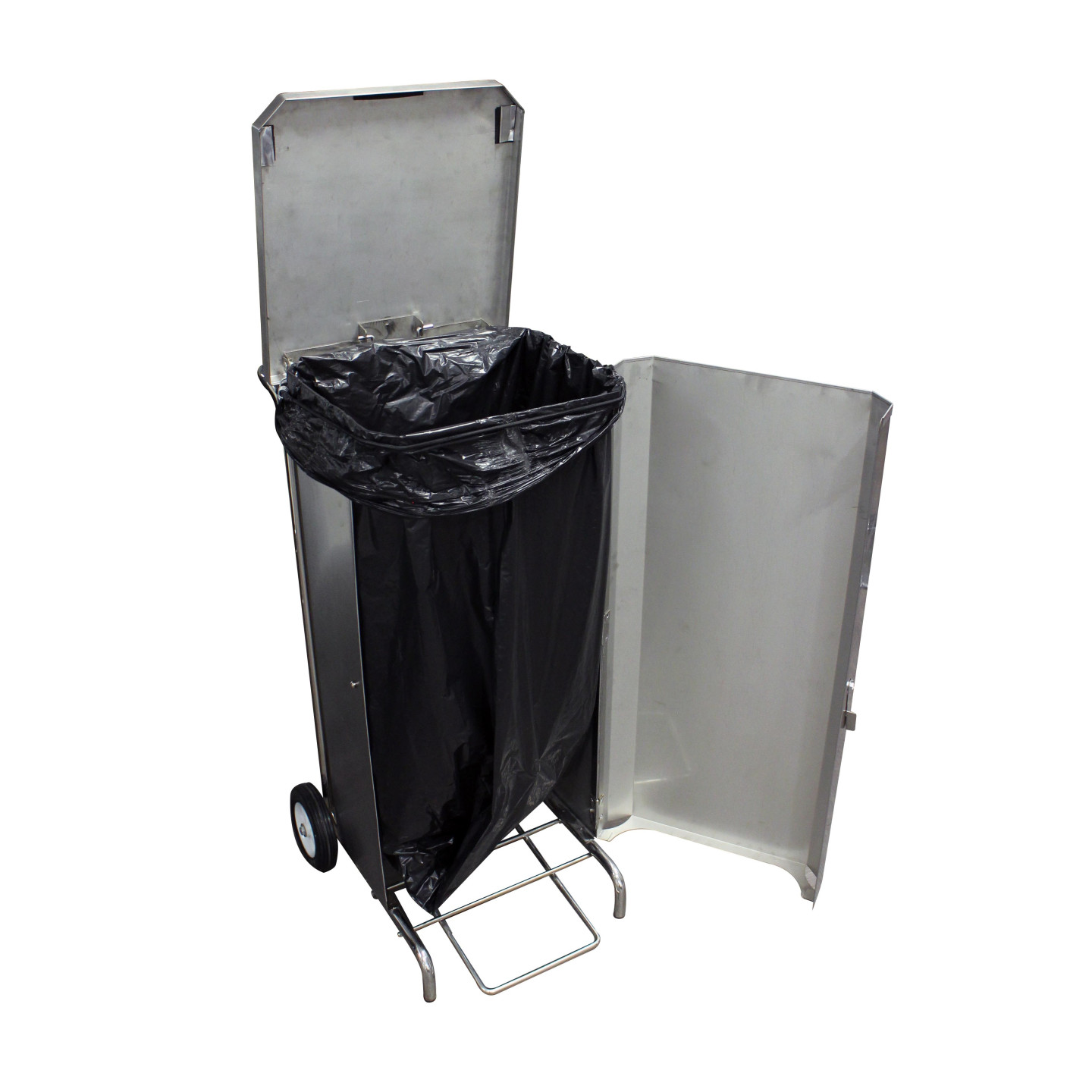 Porte-sacs mobile inox carene de 100 a 130 litres a ouverture frontale PSMC100-OF L2G-mondialchr.com