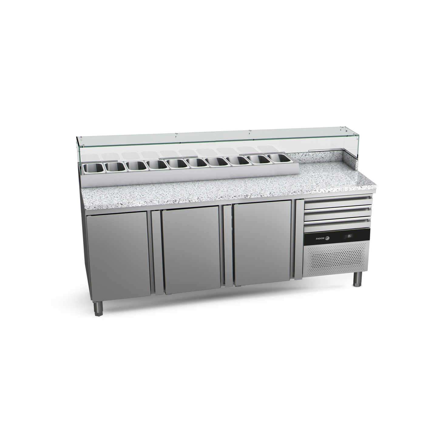 Table refrigeree positive 505L CPZC-3G compacte 700 mm pour pizzas avec 3 portes Fagor Professional-mondialchr.com