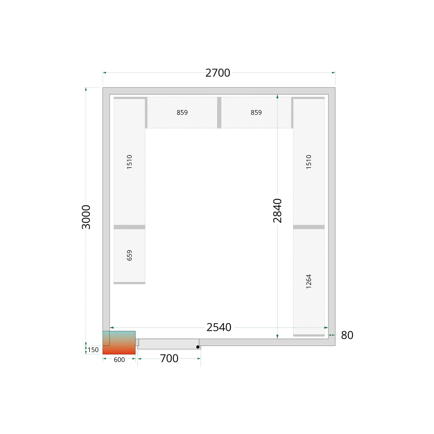 Chambre froide positive CRPF2730 Blanc 2700 x 3000 x 2200 mm 44188 TEFCOLD-mondialchr.com