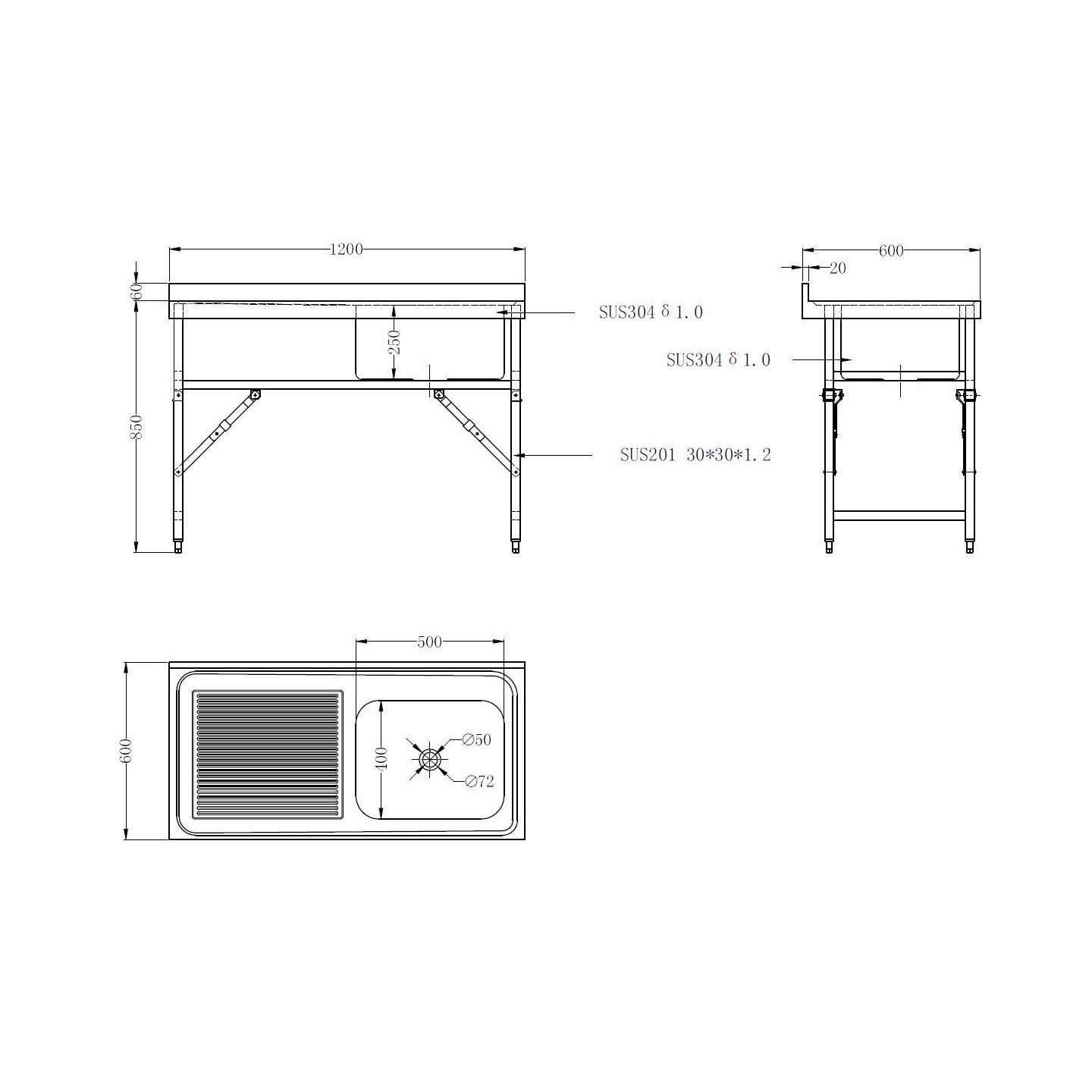 600 BLOC-ÉVIER ÉTAGÈRE PLIANTE 1R Combisteel 7490.0275–mondialchr.com