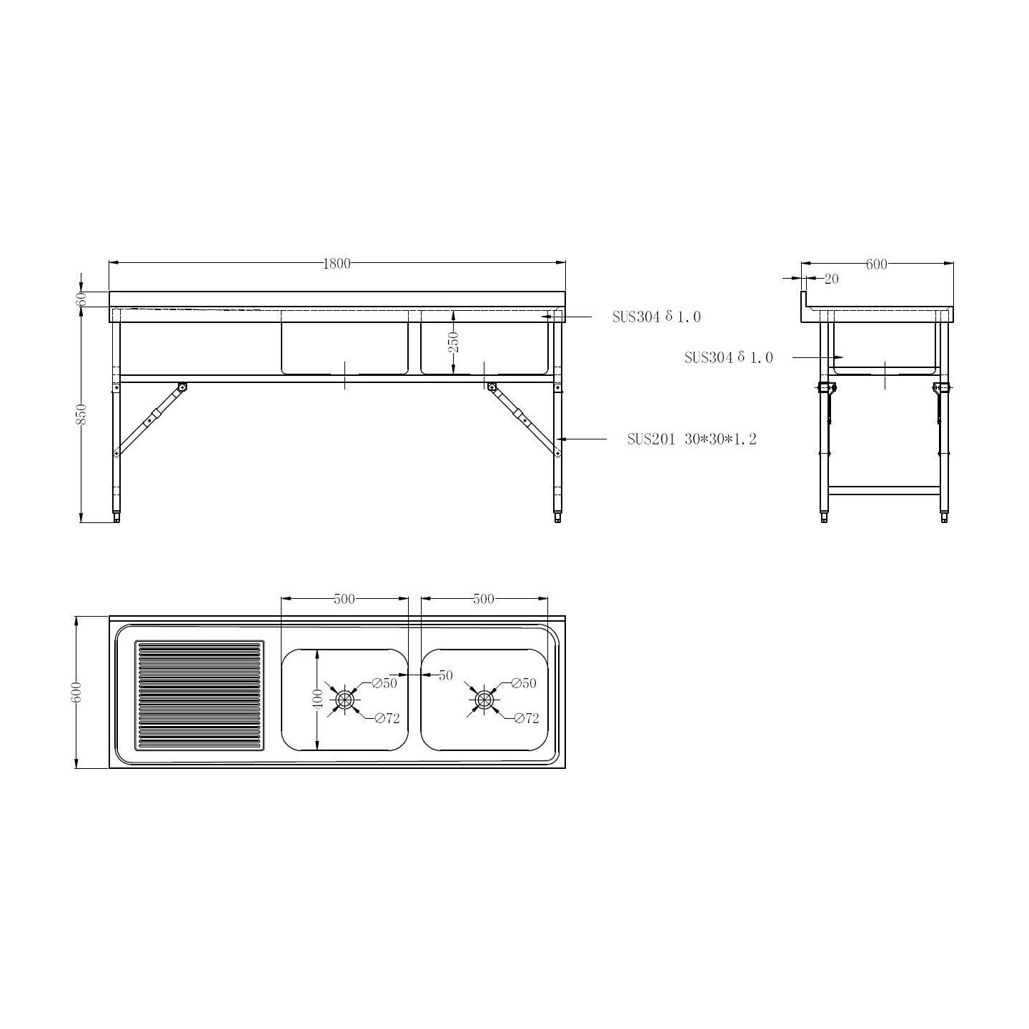 600 Bloc-évier avec étagère pliante Combisteel 7490.0280–mondialchr.com