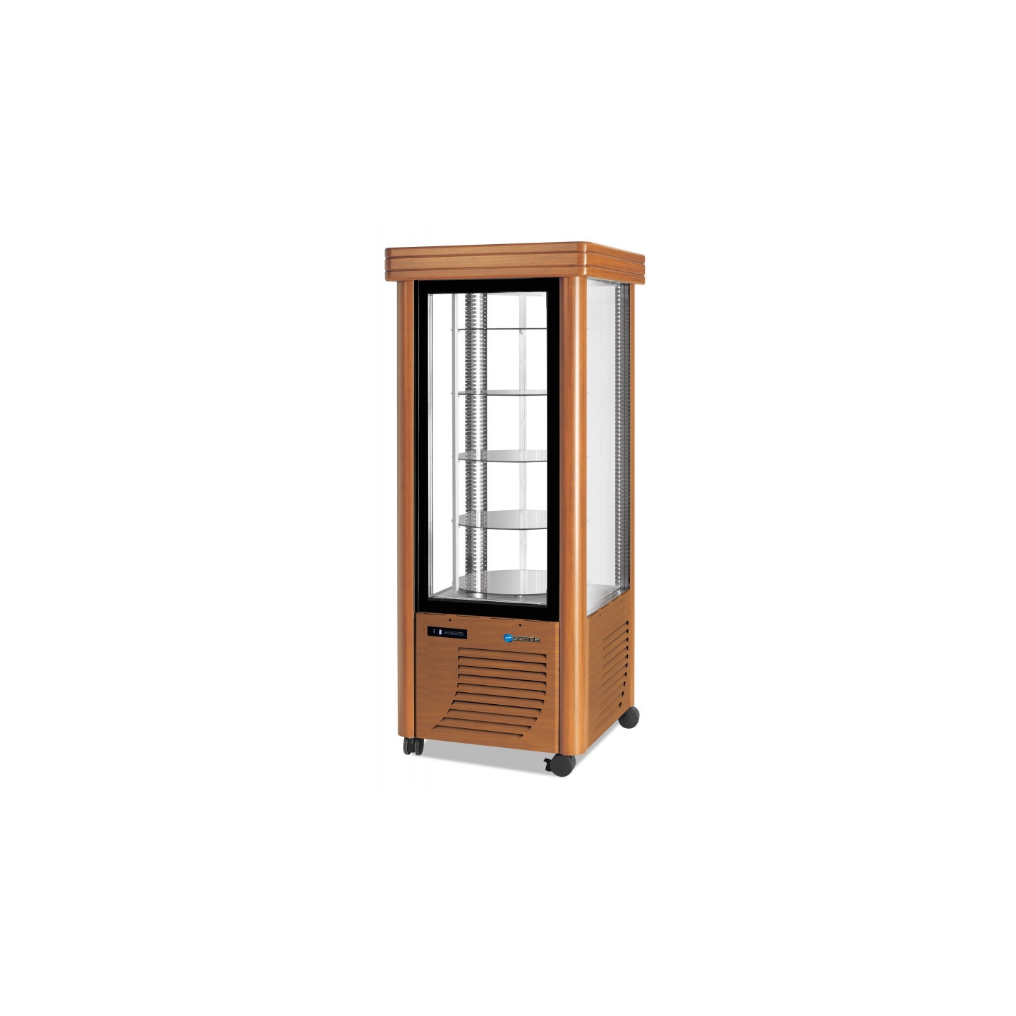 Vitrine réfrigérée positive 400L 4 faces vitrées spécial chocolat verni en bois étagères rondes SCAIOLA
