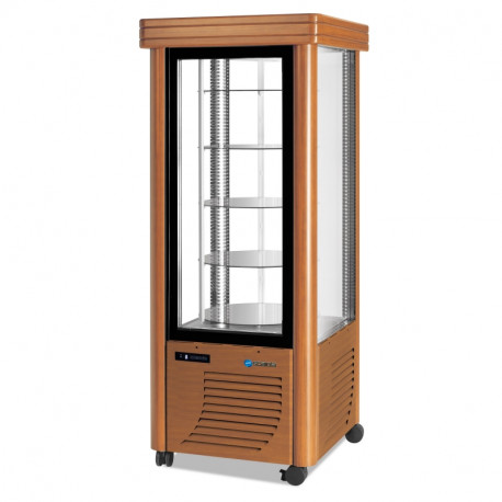 Vitrine réfrigérée positive 400L 4 faces vitrées classique verni en bois étagères rondes SCAIOLA