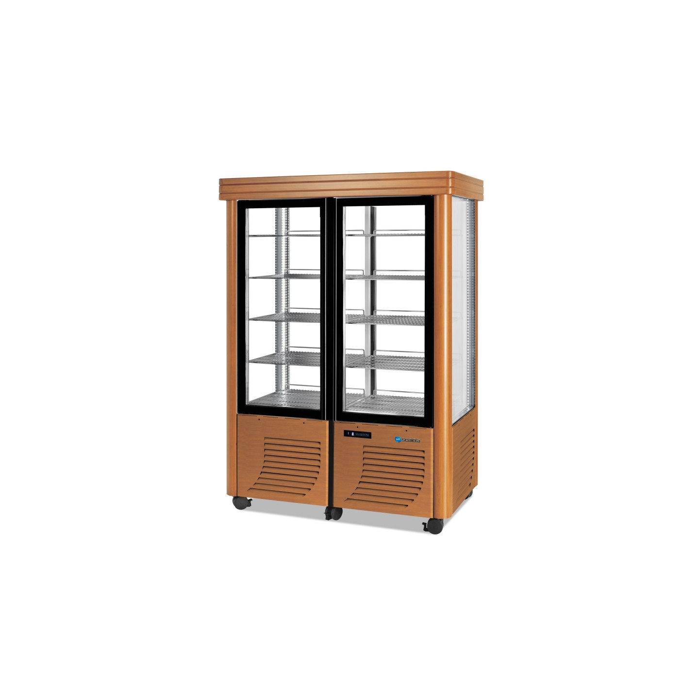 Vitrine réfrigérée positive 800L 4 faces vitrées classique verni en bois étagères carrées SCAIOLA