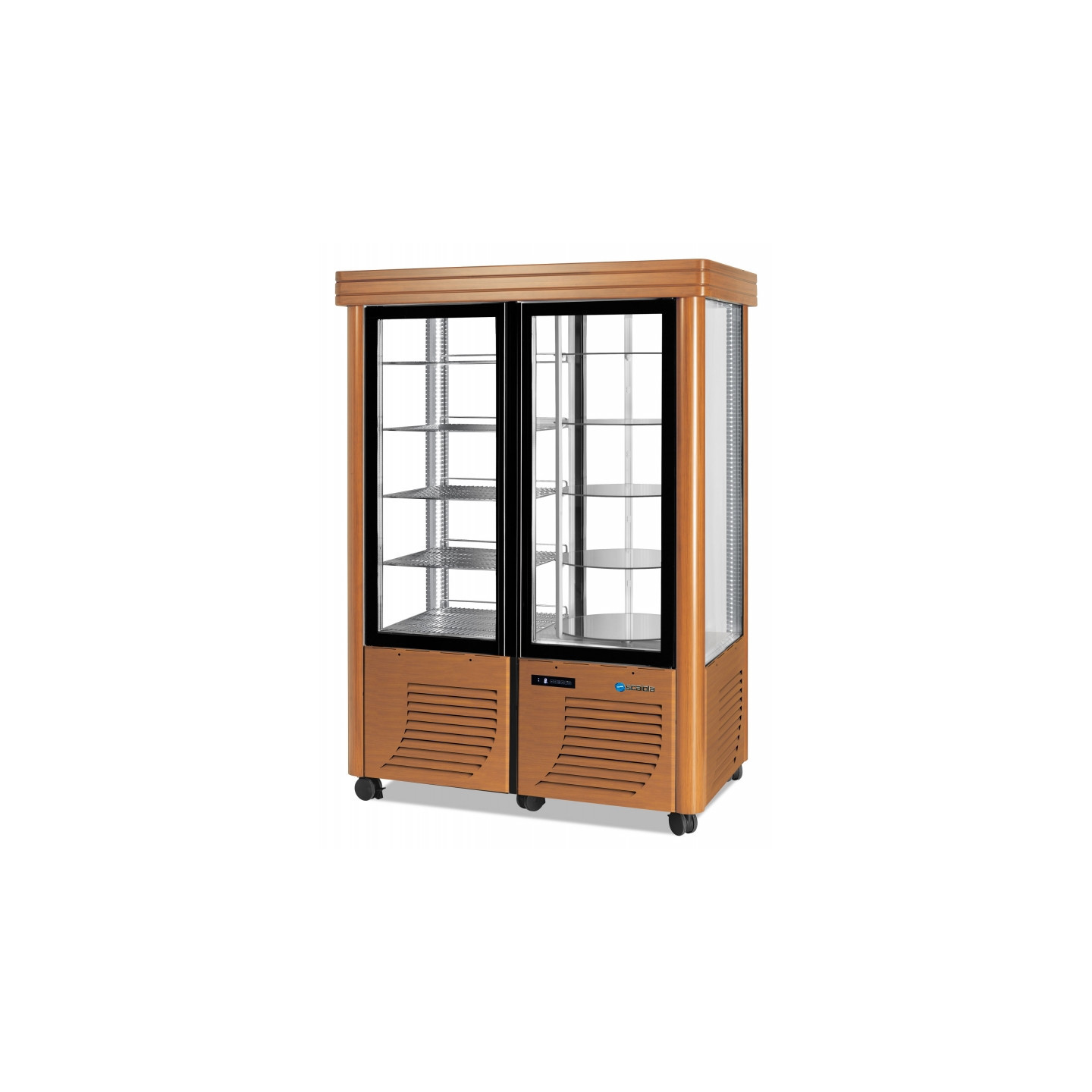 Vitrine réfrigérée positive 800L 4 faces vitrées classique verni en bois étagères carrées & rondes SCAIOLA