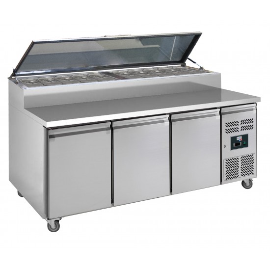 Table à sandwiches et pizzas 3 portes avec couvercle en verre 10GN1/1-mondialchr.com